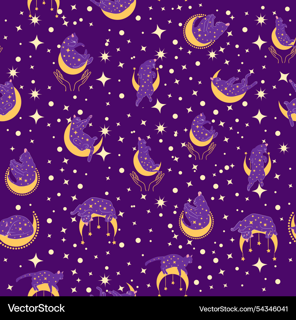 Mystical seamless pattern of cats in boho style Vector Image