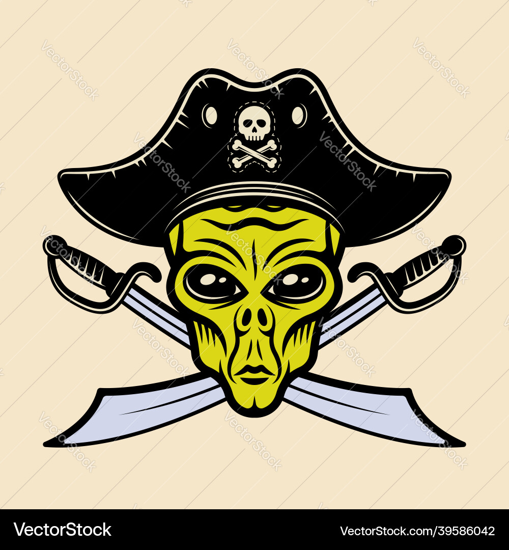 Alien head in pirate hat and two crossed swords Alien head in pirate hat and two crossed swords vector image