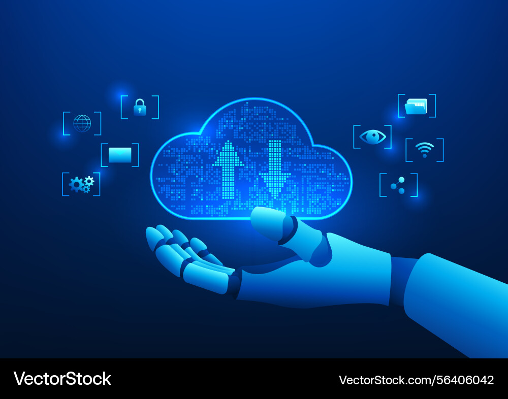 Robotic hand interacts with cloud computing Robotic hand interacts with cloud computing vector image