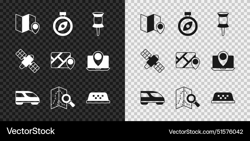 Set folded map with location marker compass push Vector Image