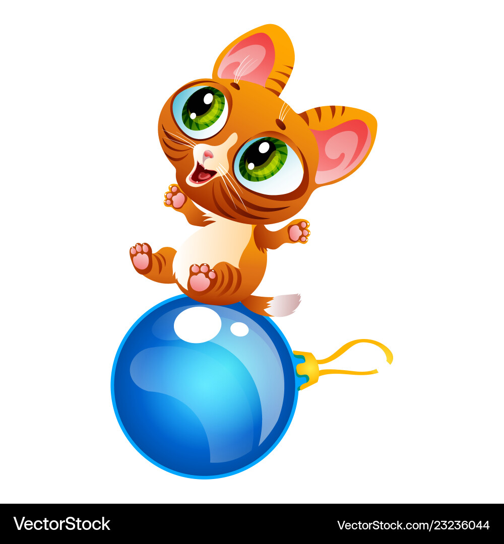 Cartoon cheerful kitty sitting on decoration ball Vector Image