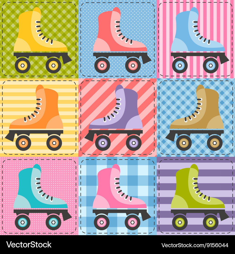 Patchwork background with colorful roller skates vector image