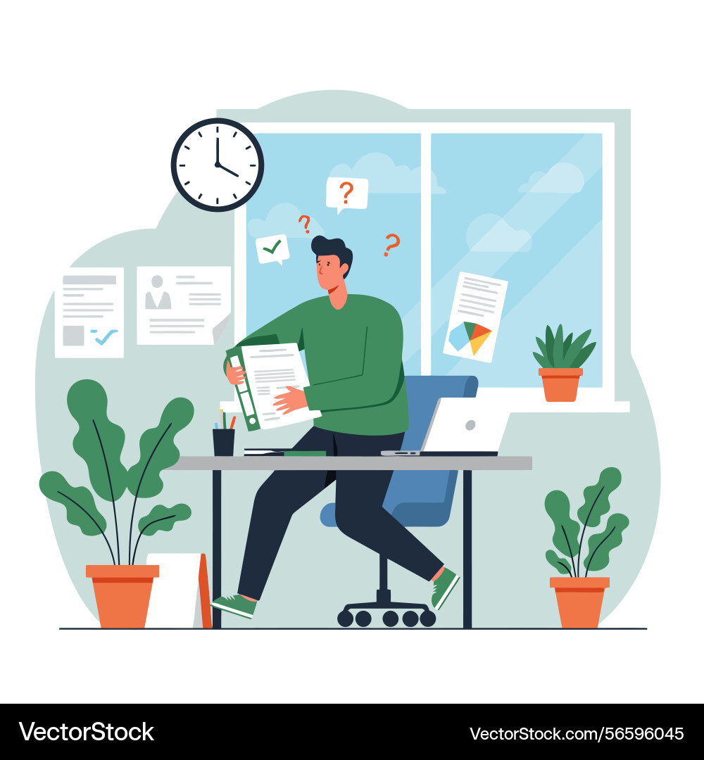 Man holds file at desk with laptop and question vector image