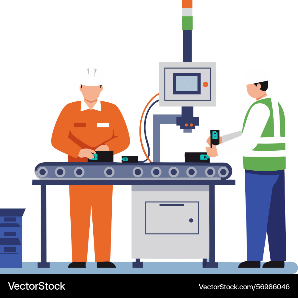 Factory workers operating automated machine vector image