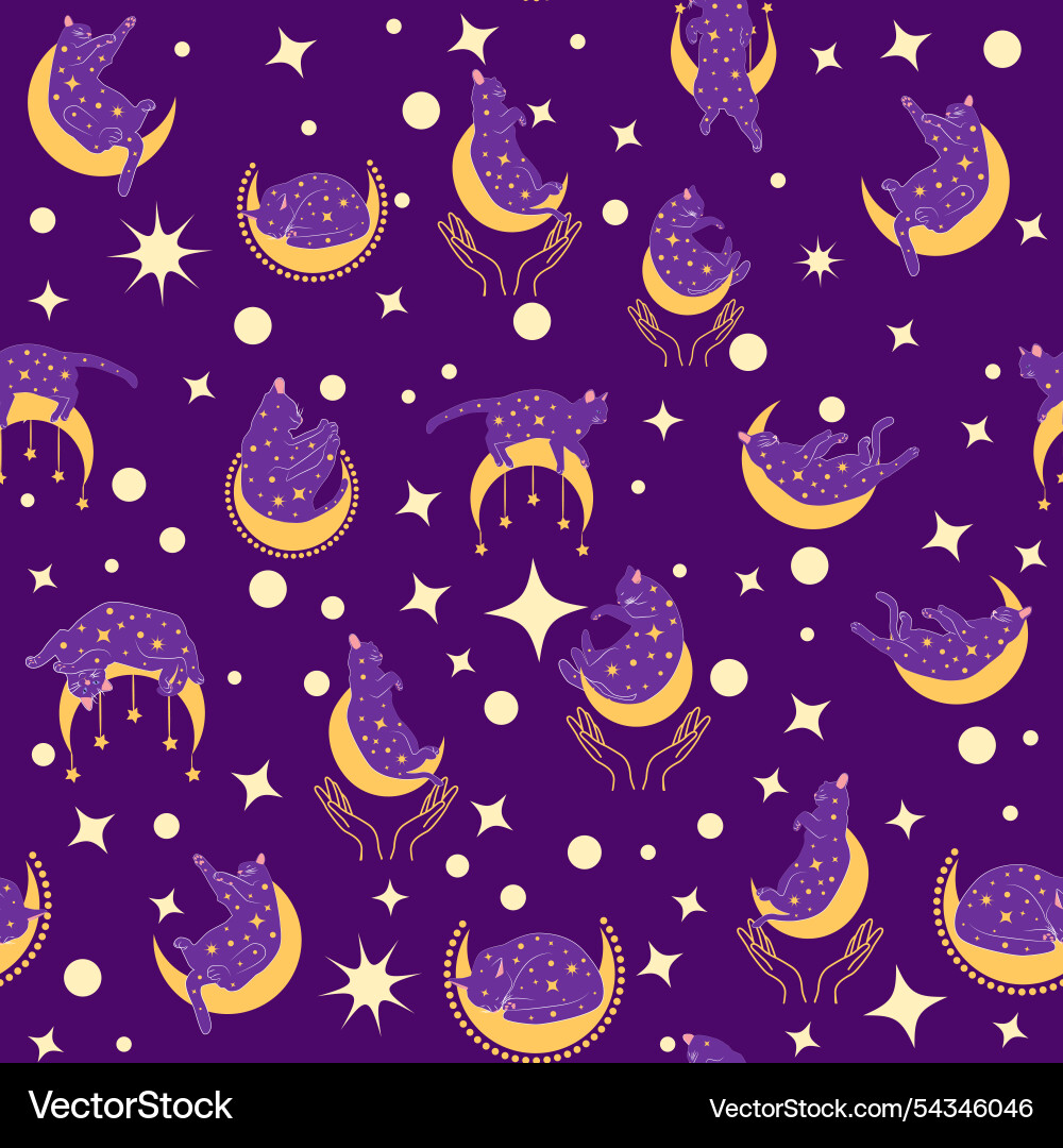 Mystical seamless pattern of cats in boho style Mystical seamless pattern of cats in boho style vector image