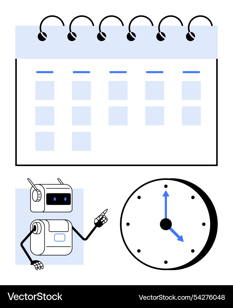 Robot scheduling calendar clock and automation Robot scheduling calendar clock and automation vector image