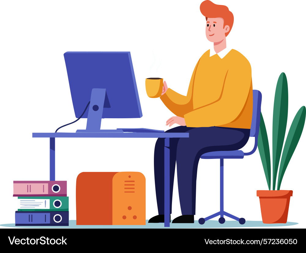 Man working at computer desk with coffee cup Man working at computer desk with coffee cup Vector Image