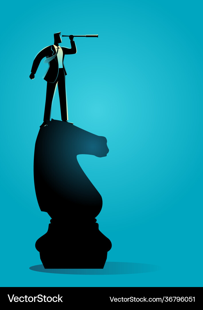 Businessman with telescope standing on chess Businessman with telescope standing on chess vector image