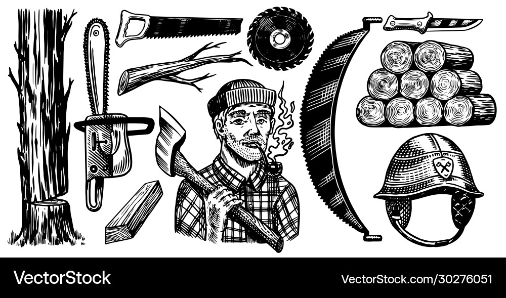 Lumberjack with axe woodsman character and work Lumberjack with axe woodsman character and work Vector Image