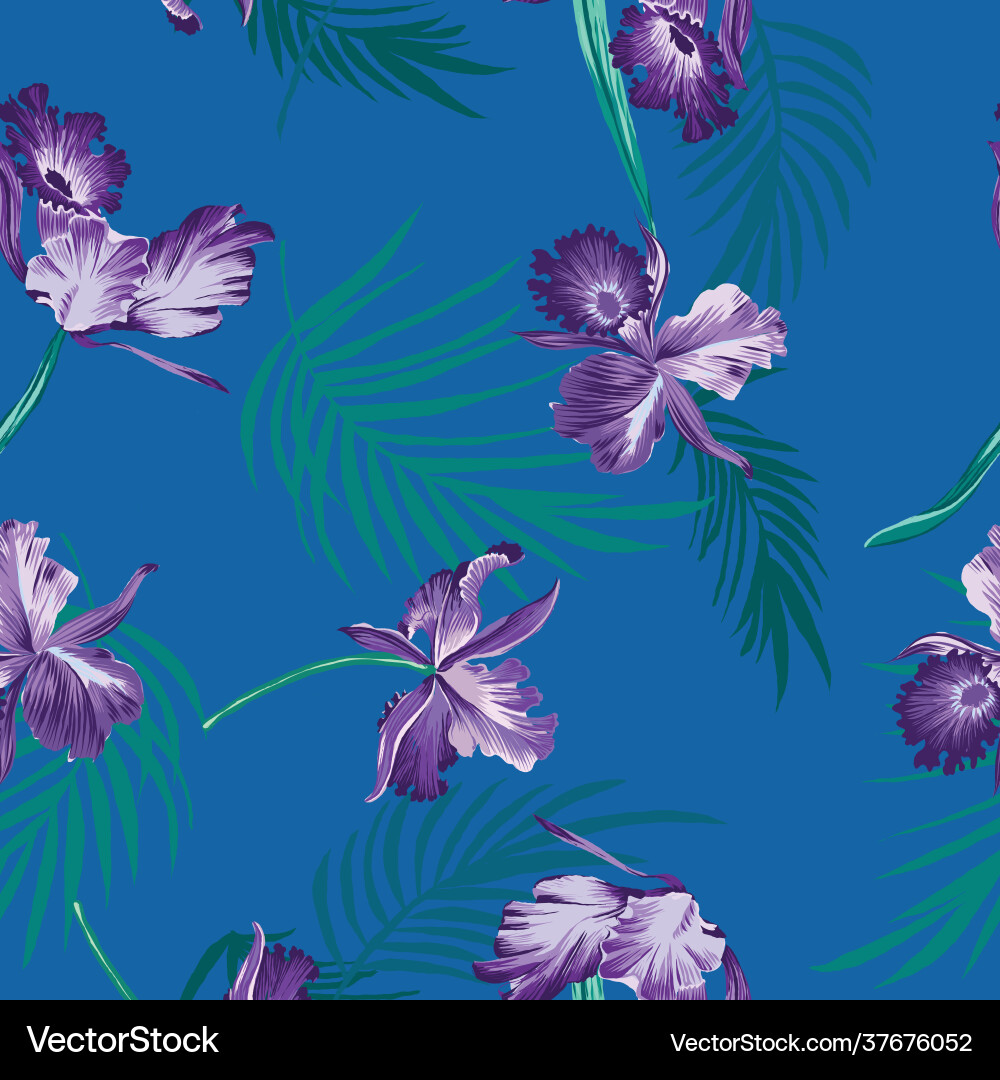 Blue & Purple Tropical Orchid Pattern Vector Image