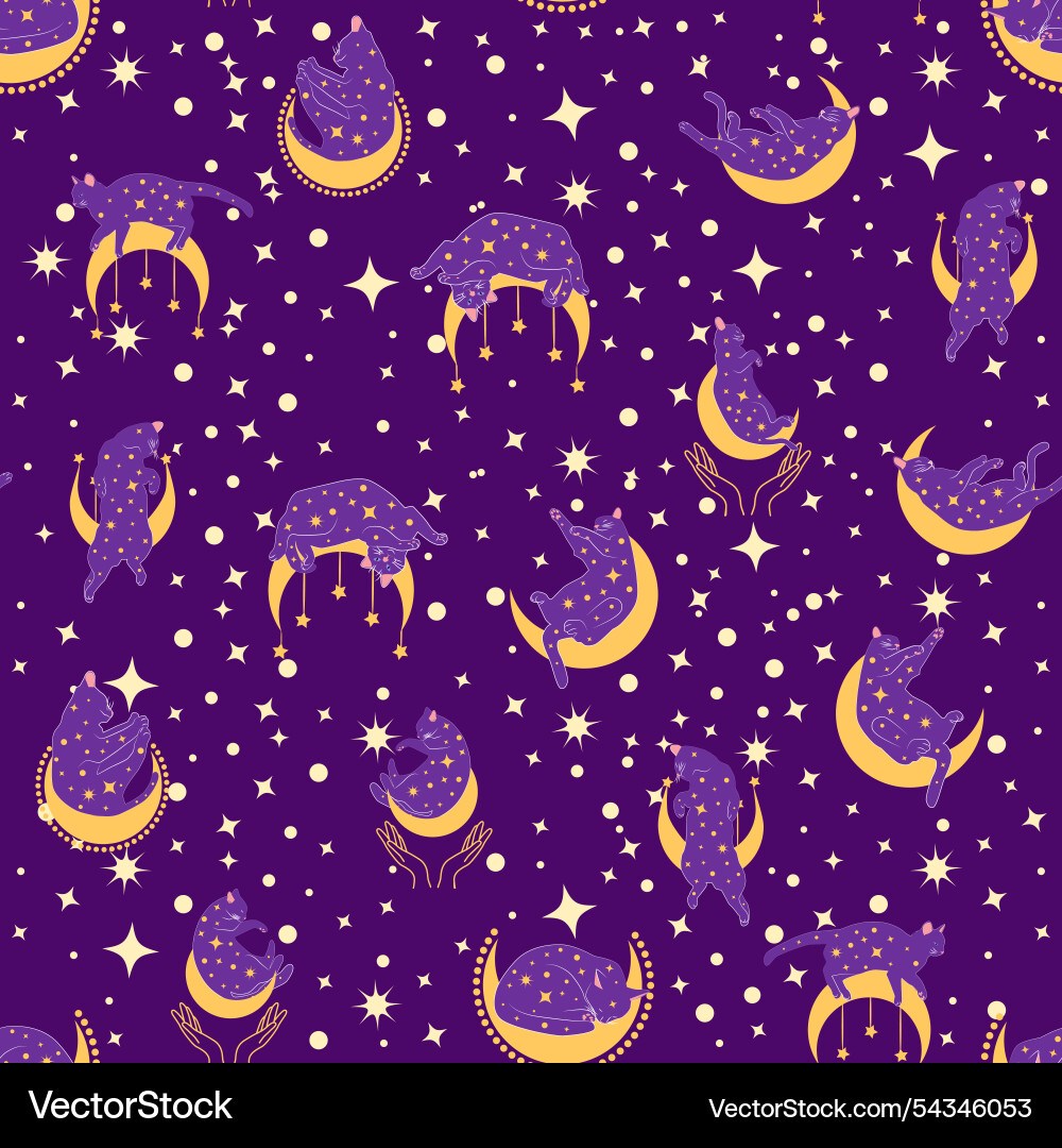 Mystical seamless pattern of cats in boho style Vector Image