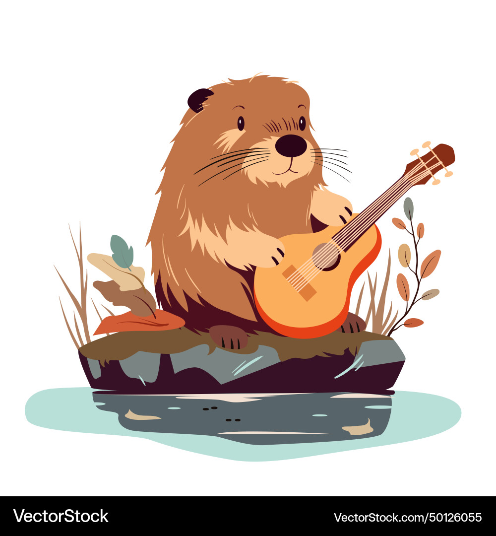 Cute beaver playing music on guitar near autumn Cute beaver playing music on guitar near autumn Vector Image