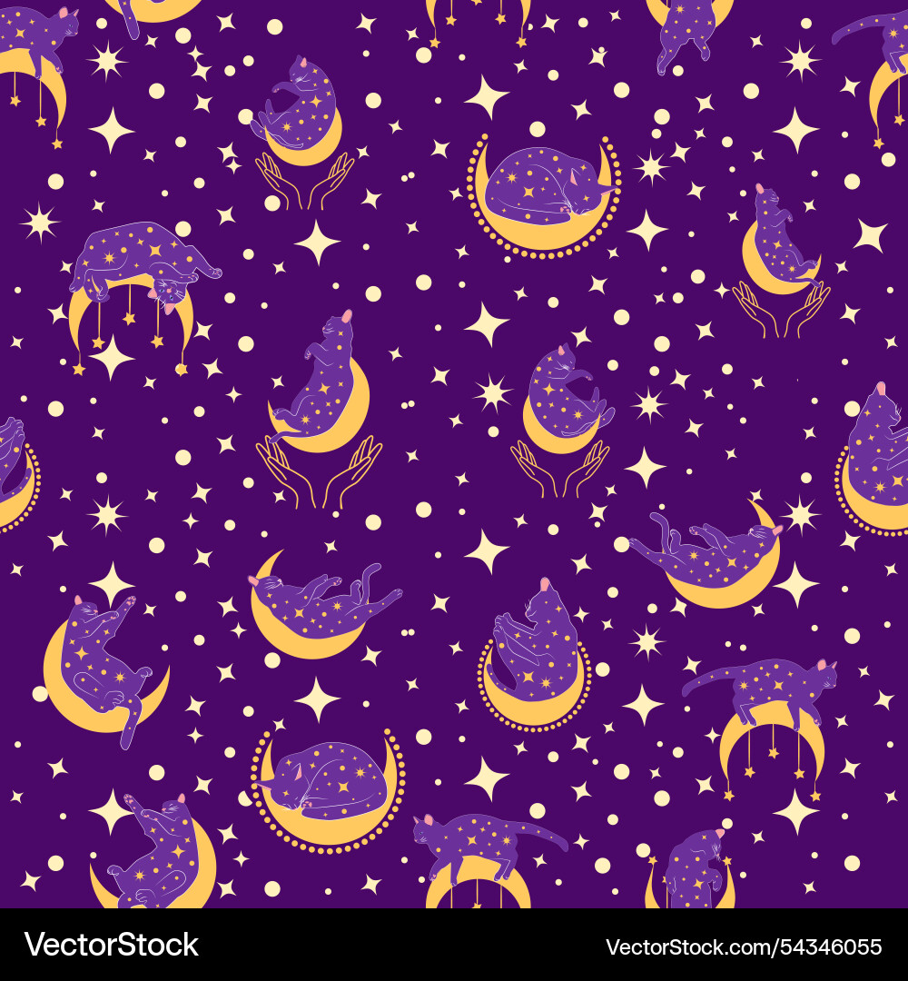 Mystical seamless pattern of cats in boho style Mystical seamless pattern of cats in boho style vector image