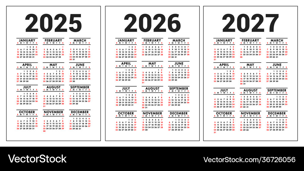 2025-2027-calendar-set-english-royalty-free-vector-image