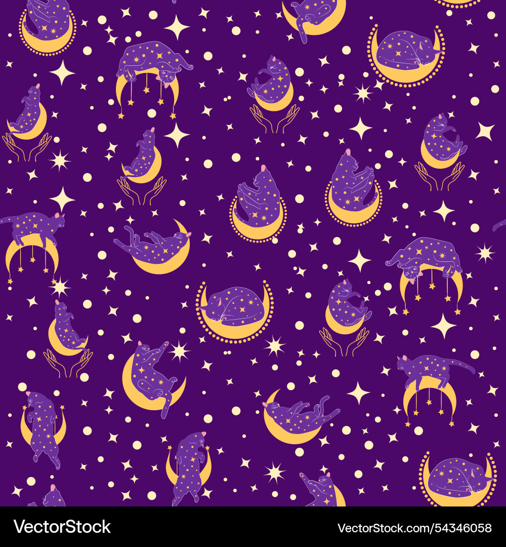 Mystical seamless pattern of cats in boho style Mystical seamless pattern of cats in boho style vector image