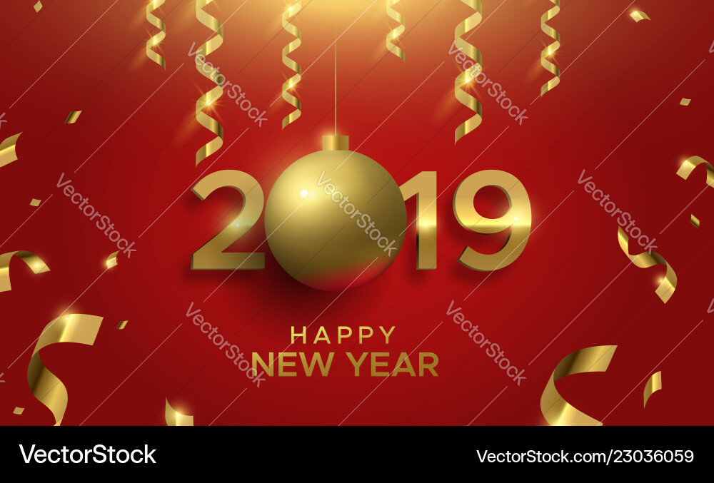 Happy new year 2019 gold bauble number sign card Happy new year 2019 gold bauble number sign card vector image