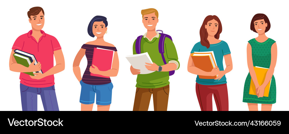 Students with textbooks and notebooks set back vector image
