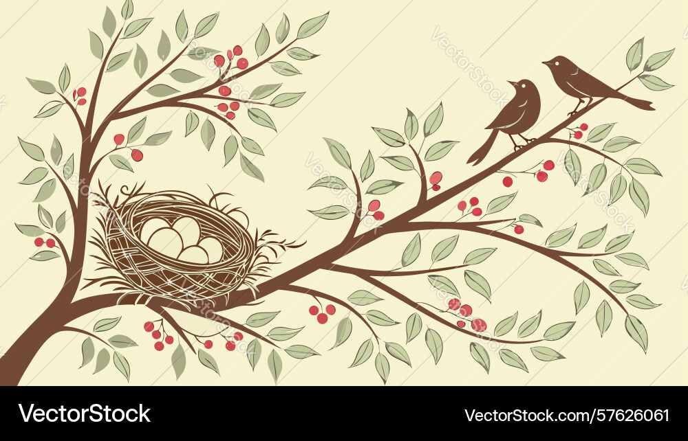 Bird nest with eggs on spring branch design Vector Image