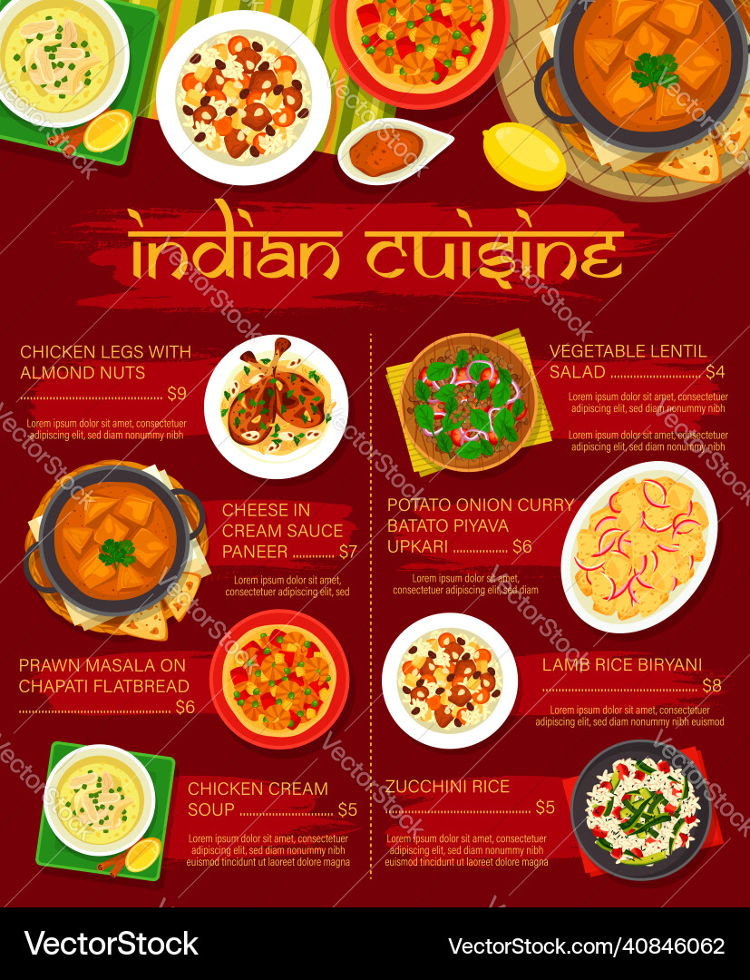 Indian cuisine menu template price list Indian cuisine menu template price list vector image