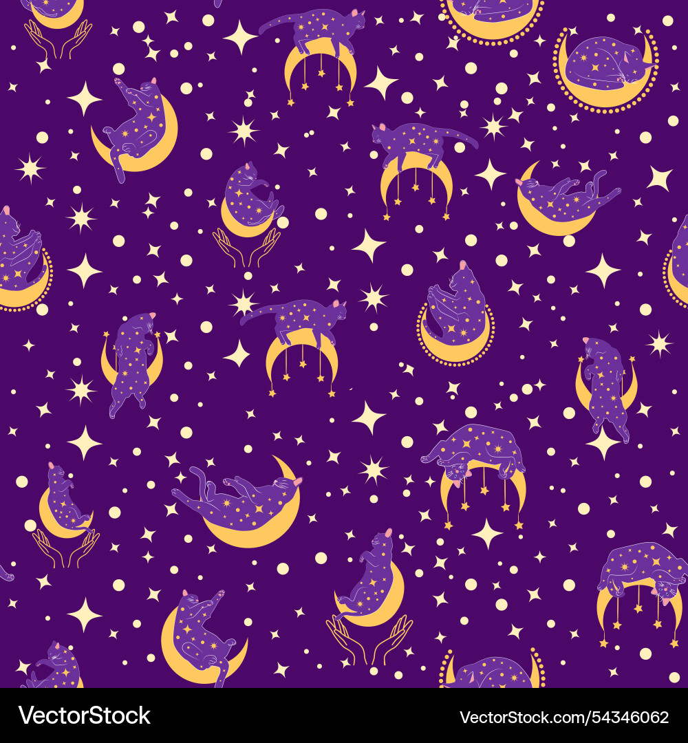 Mystical seamless pattern of cats in boho style Vector Image