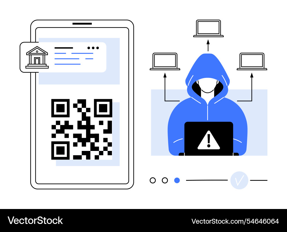 Cybersecurity threat with qr code scam and hacker Cybersecurity threat with qr code scam and hacker Vector Image