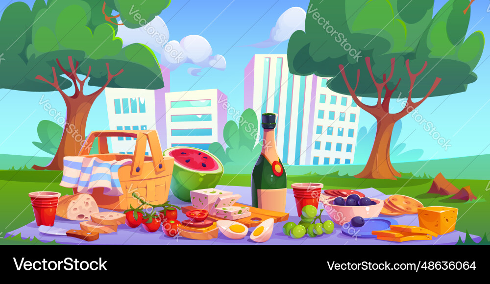 Picknick im Stadtpark auf Gras mit Korb Cartoon Picknick im Stadtpark auf Gras mit Korb Cartoon vektorbild