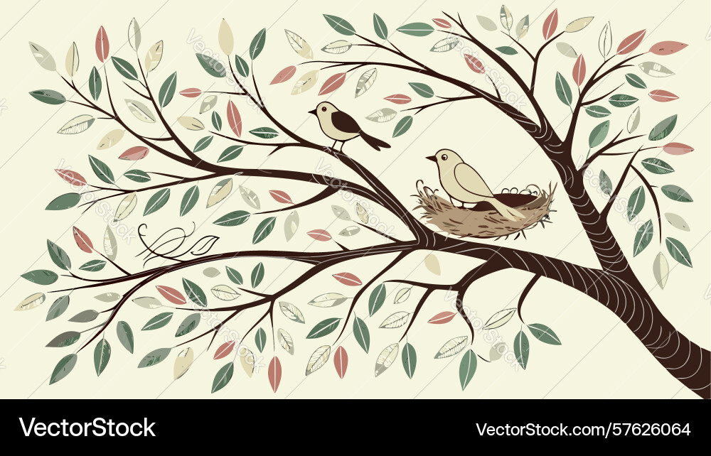Spring bird on branch with nest art design Vector Image