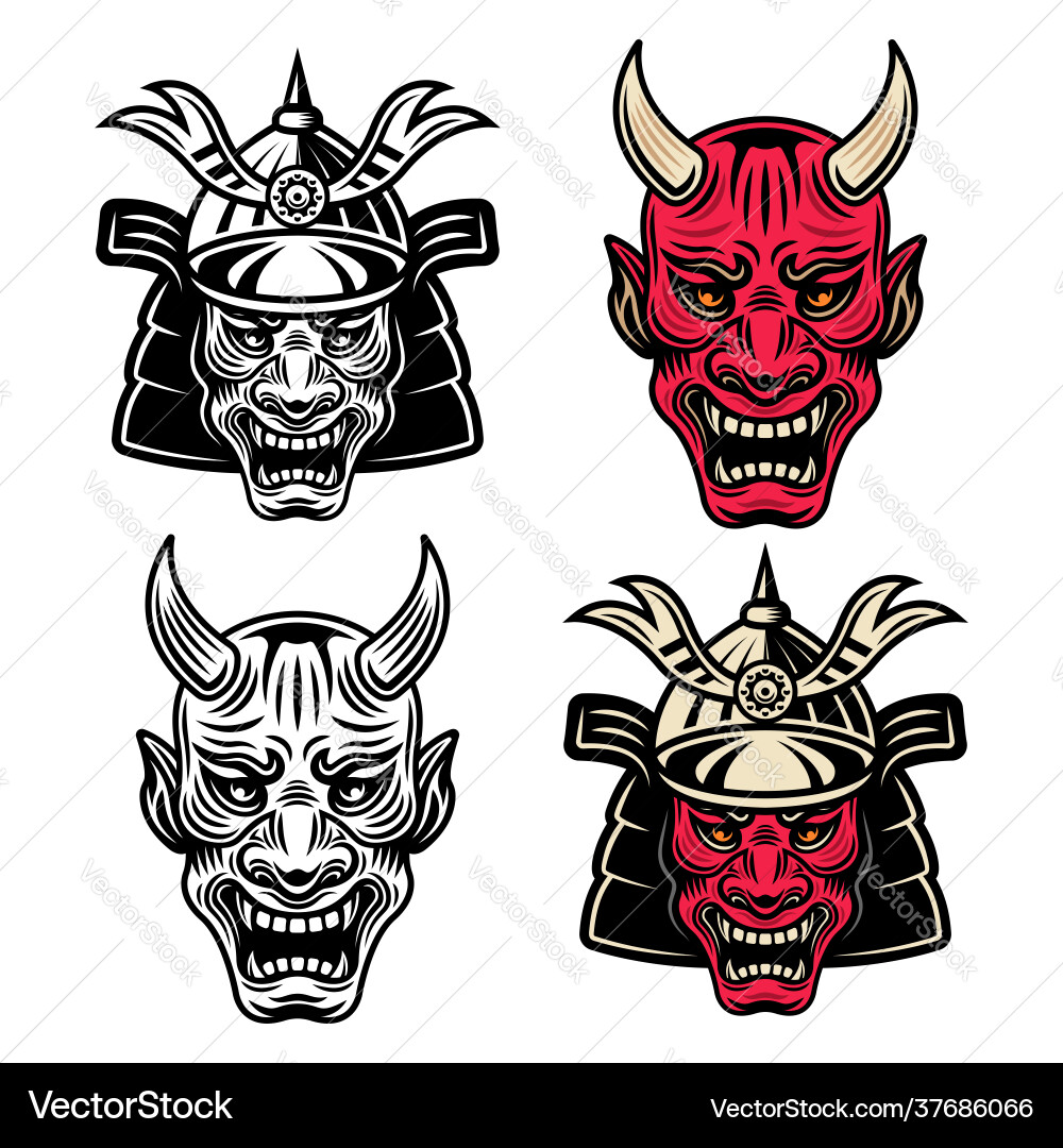 Samurai heads set objects or design Samurai heads set objects or design vector image