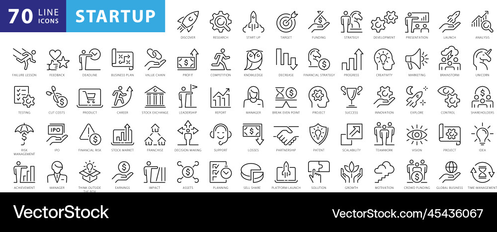 Set of 70 start up web icons in line style Set of 70 start up web icons in line style vector image