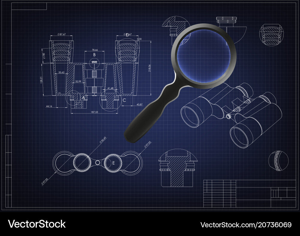 Drawing and 3d model of binoculars Drawing and 3d model of binoculars vector image