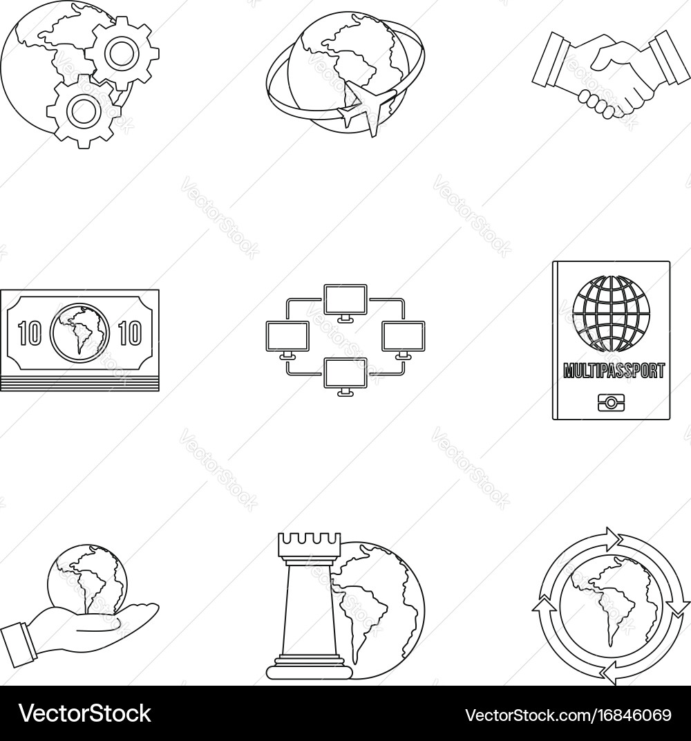 Global icon set outline style Vector Image
