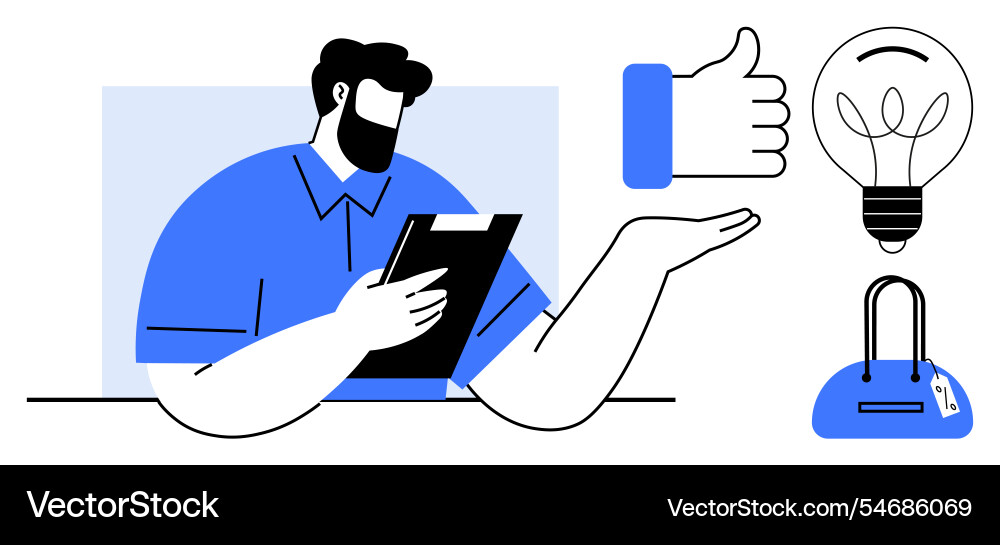 Man with beard evaluating ideas on tablet Vector Image