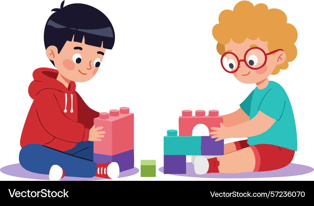 Two boys playing with colorful building blocks Vector Image