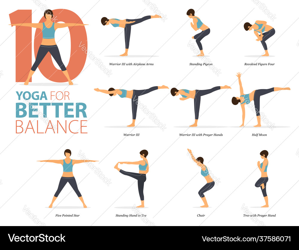 10 yoga poses for better balance concept Vector Image