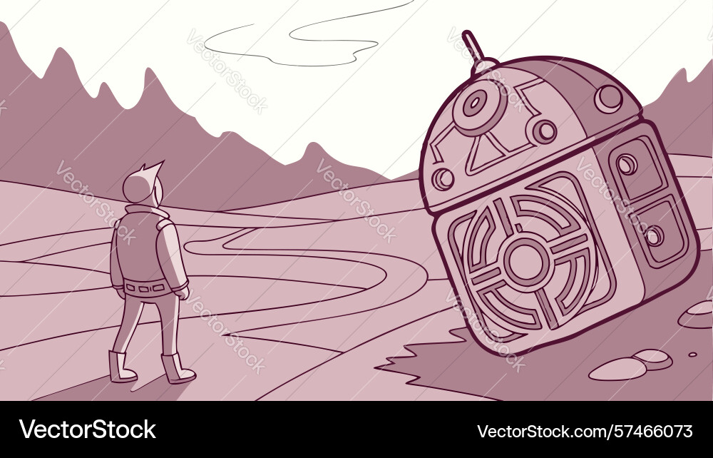Android robot with lantern in winter landscape vector image