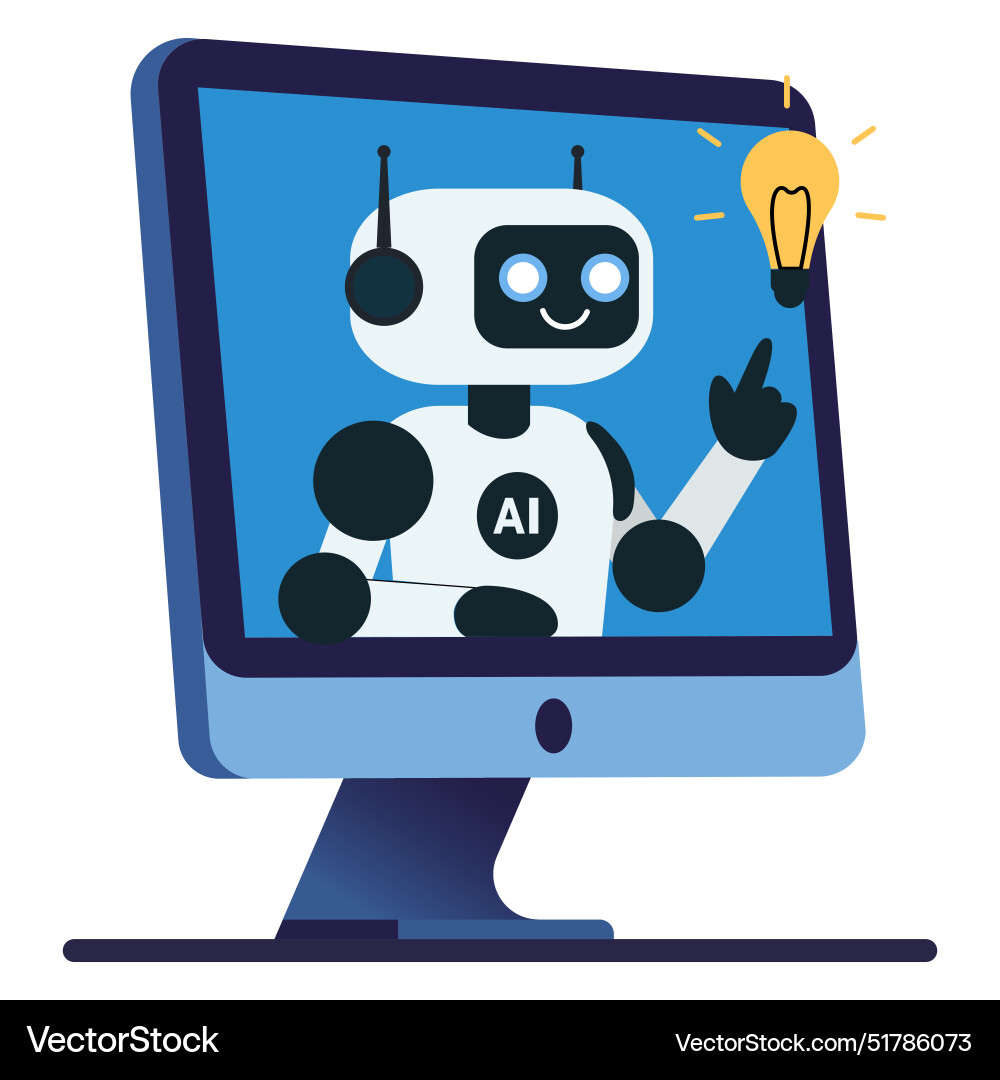 Cute chat bot ai robot points to the light bulb Vector Image