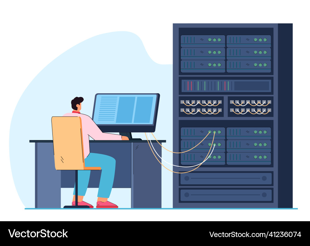 Man-Ingenieur arbeitet an Computer-Server-Rack Man-Ingenieur arbeitet an Computer-Server-Rack vektorbild