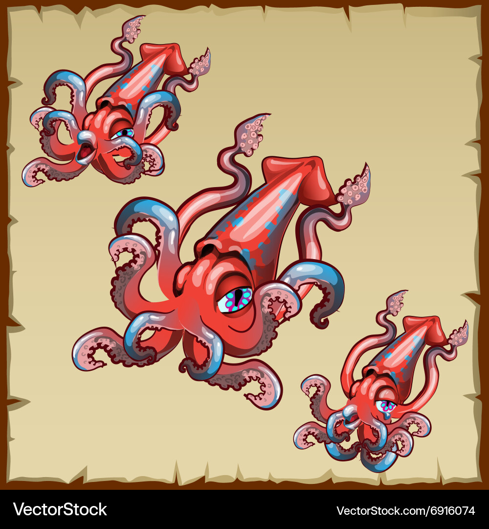 Set of three squids with different emotions Vector Image