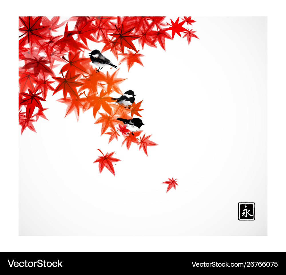 Three little birds on red leaves japanese maple Three little birds on red leaves japanese maple vector image
