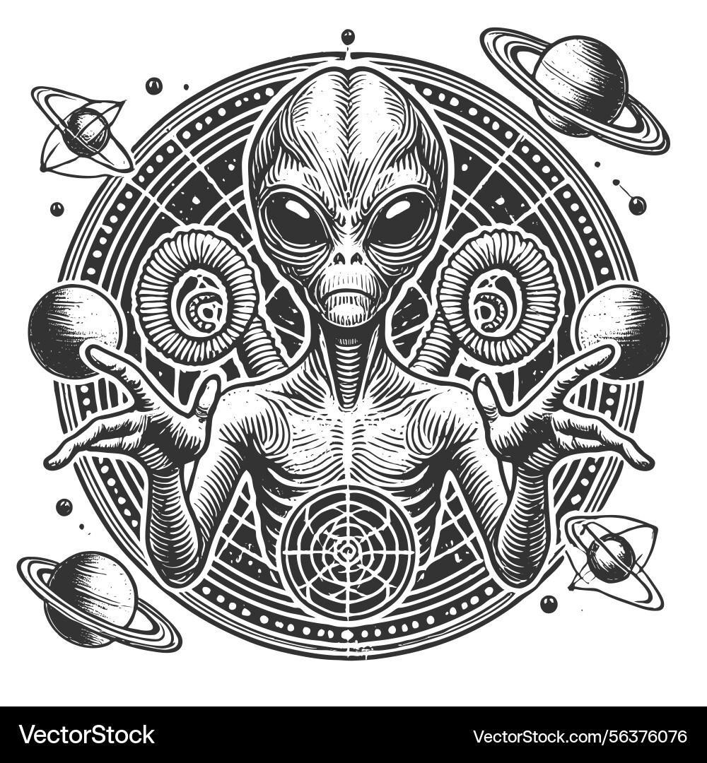 Mystical alien surrounded by planets Mystical alien surrounded by planets Vector Image