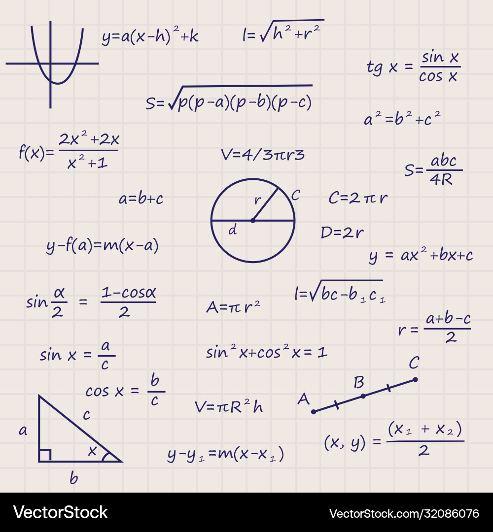 Notebook sheet with science geometry formulas Notebook sheet with science geometry formulas vector image