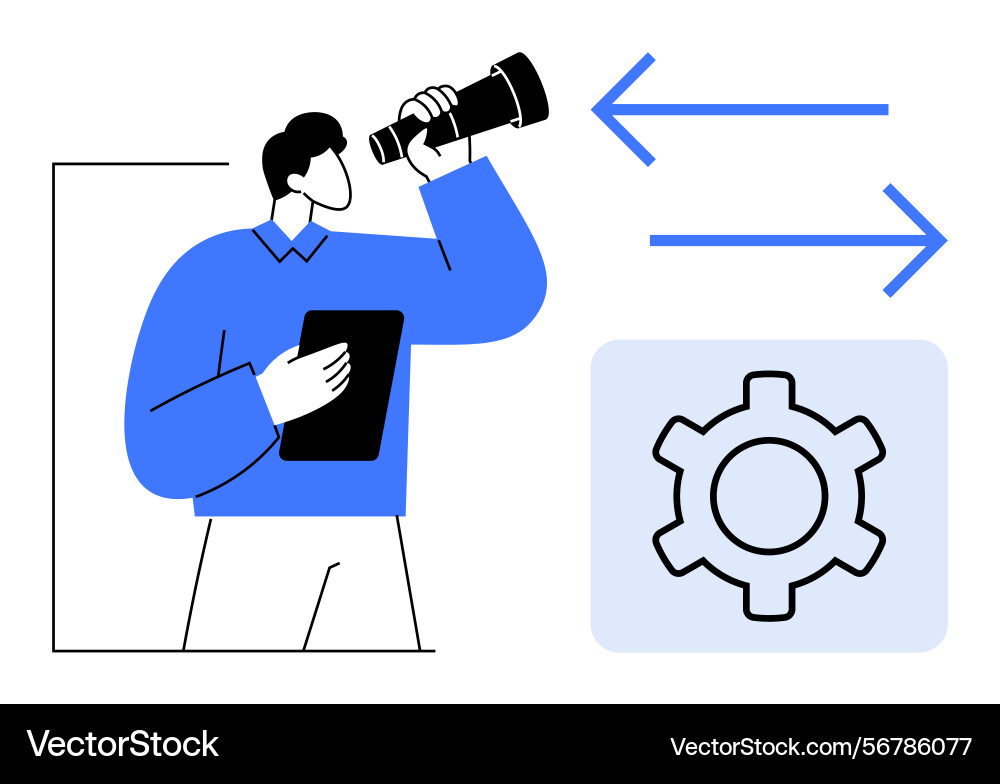 Man with tablet using telescope next to gear Vector Image