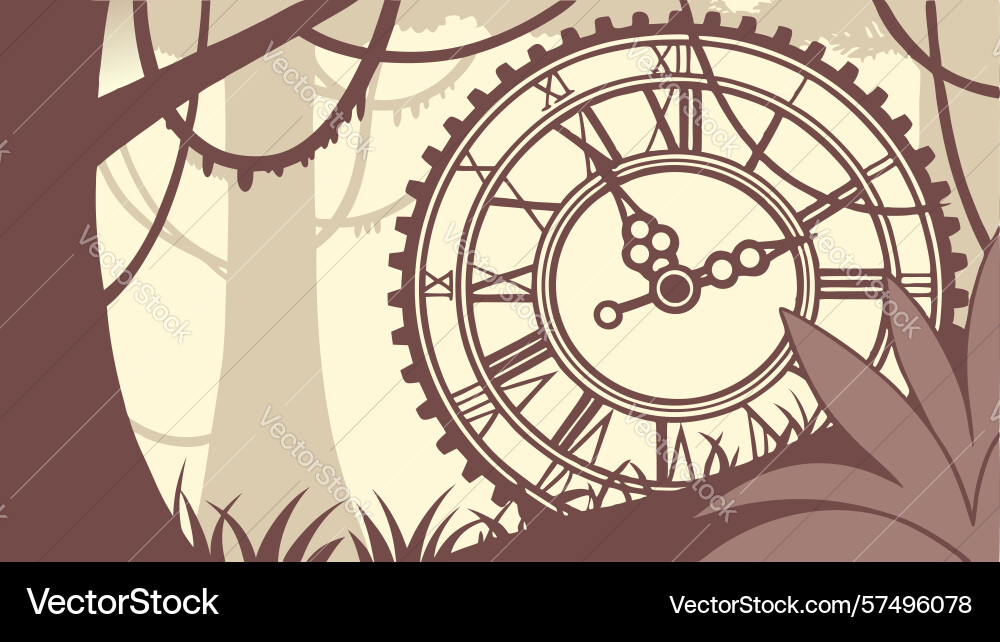 Ancient clock face in forest setting art design vector image