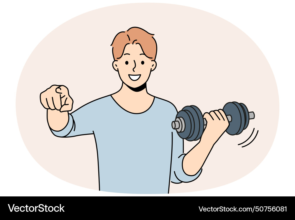 Man with dumbbell point at screen Vector Image