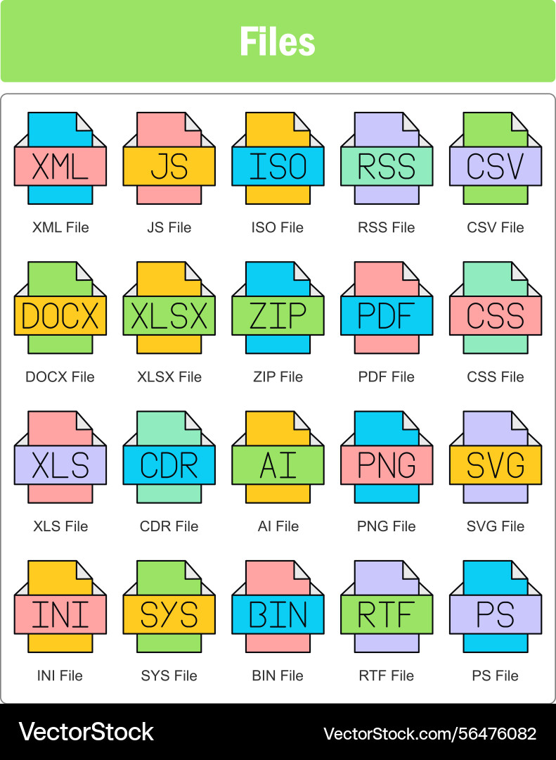 A set of 20 files icons as xml file js iso vector image