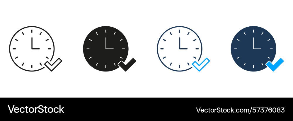 Clock with checkmark line and solid icon set time Clock with checkmark line and solid icon set time vector image