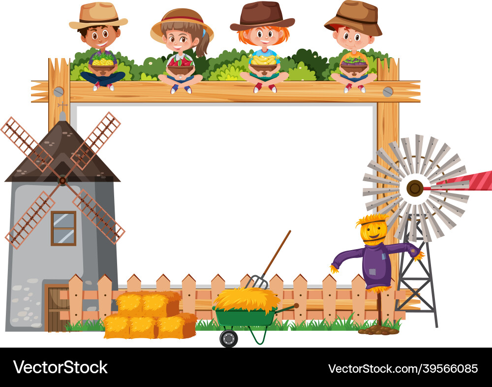 Empty wooden frame with children and farm objects Empty wooden frame with children and farm objects vector image