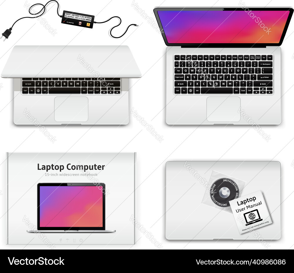 Notebook opened and closed laptop in box Notebook opened and closed laptop in box Vector Image