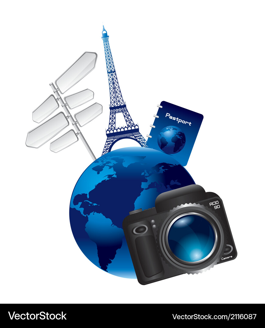 Earth with tower eiffel camera and signs Vector Image