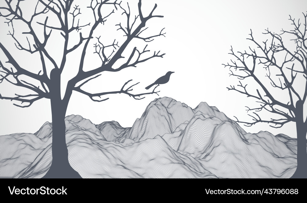 Abstract wireframe mountains with a tree Abstract wireframe mountains with a tree vector image